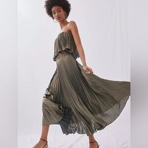 Anthropologie metallic gold pleated skirt & strapless top set US 8